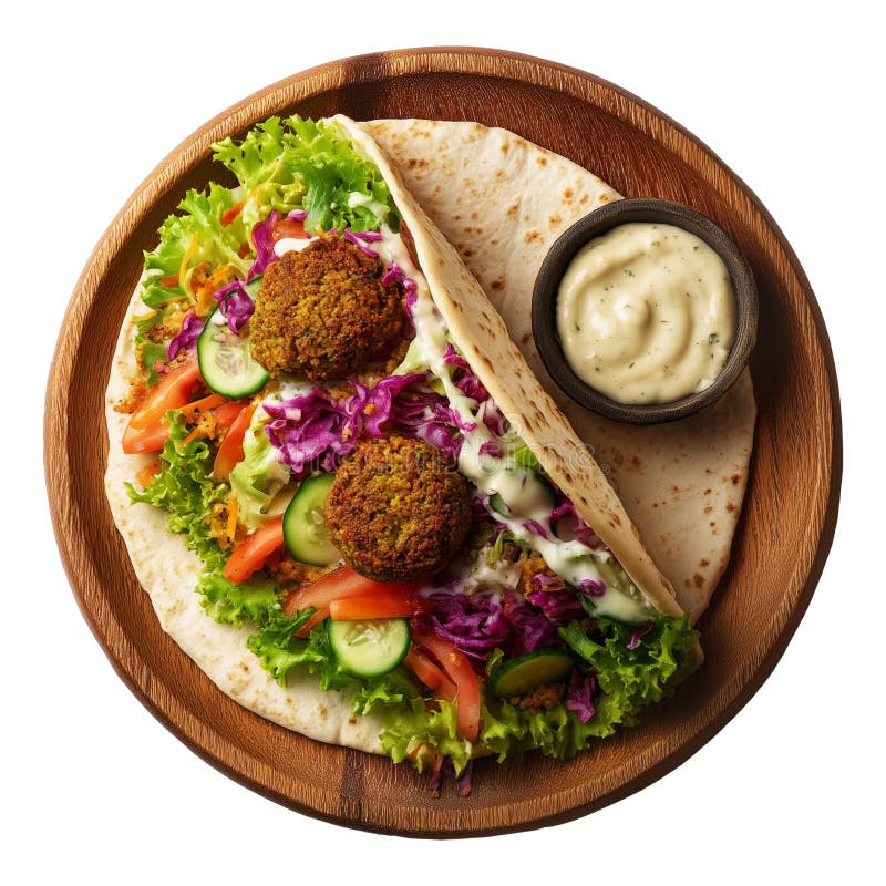 Фалафель подается в пита с соусом тахини и овощами.