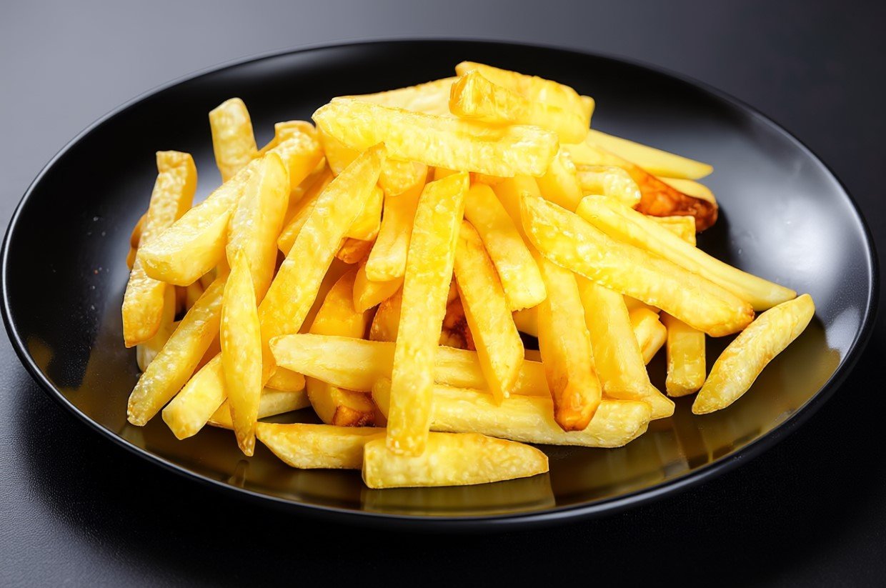 На первом этапе жарки картофель фри становится мягким и бледным в масле