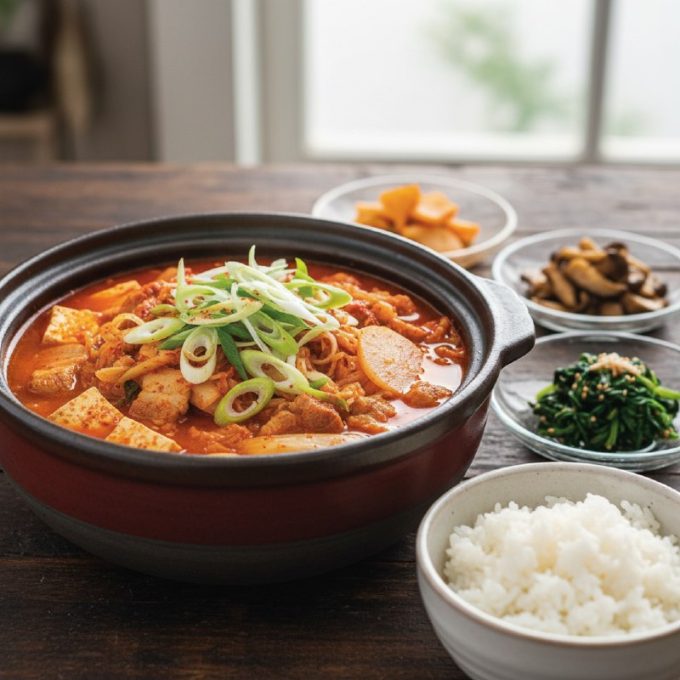 Добавление кубиков тофу в кипящий кимчи ччиге в кастрюле